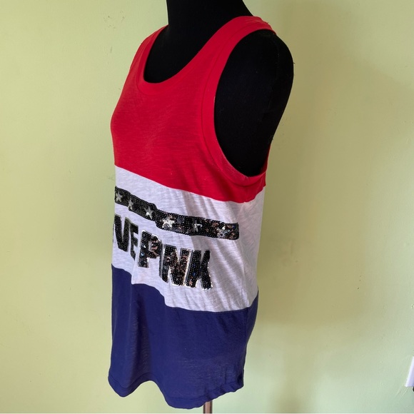 PINK VICTORIAS SECRET RED WHITE AND BLUE SEQUIN TANK TOP SIZE XS - Picture 4 of 6